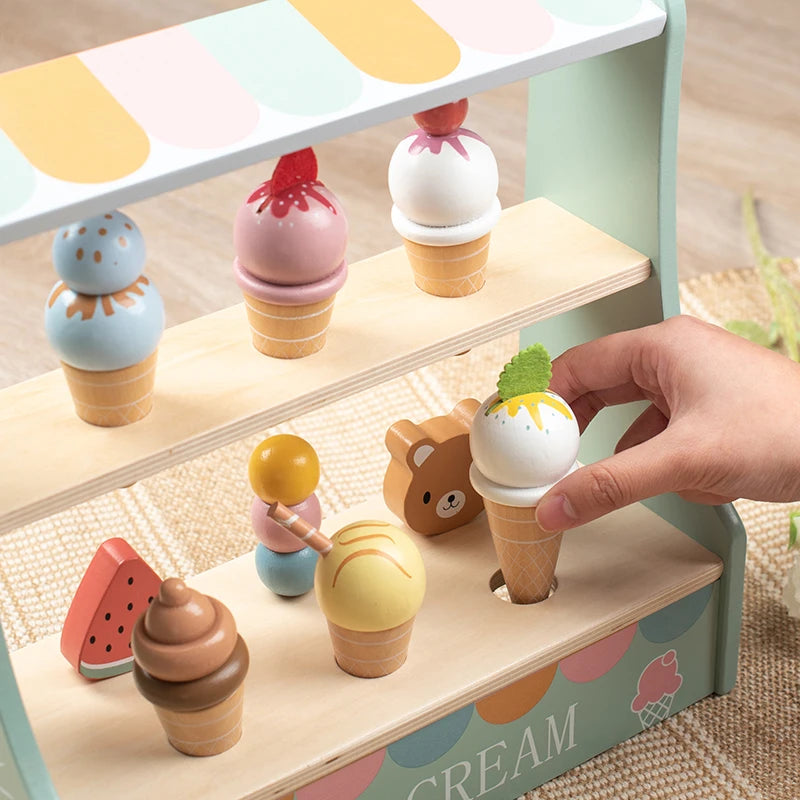 Wooden Ice Cream Montessori Toddler Toys Kitchen Pretend Play Food Coffee Maker Toy Set Accessories for Children Gifts Ages 3+