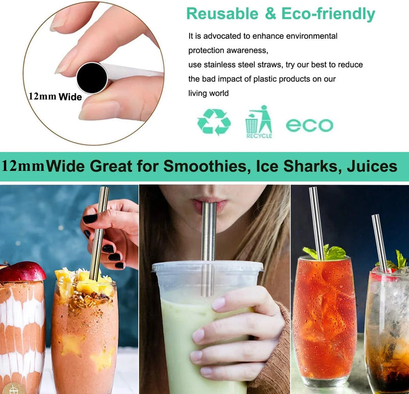 4Pcs Sharp Reusable Boba Straws 304 Stainless Steel Smoothie Straws Angled Tips 0.5" Wide Drinking Metal Straw for Bubble Tea
