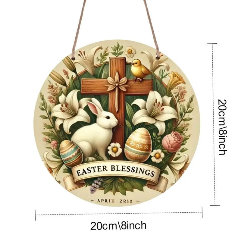 1 piece farmhouse style round wooden Easter bunny logo, 7.87 inch made wooden wreath with lilies and spring decoration, farmhous