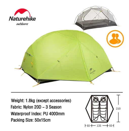 Naturehike Mongar Tent Camping Tent 2 Person Ultralight Professional Waterproof & Windproof Backpack Tent 20D Nylon Travel Tent