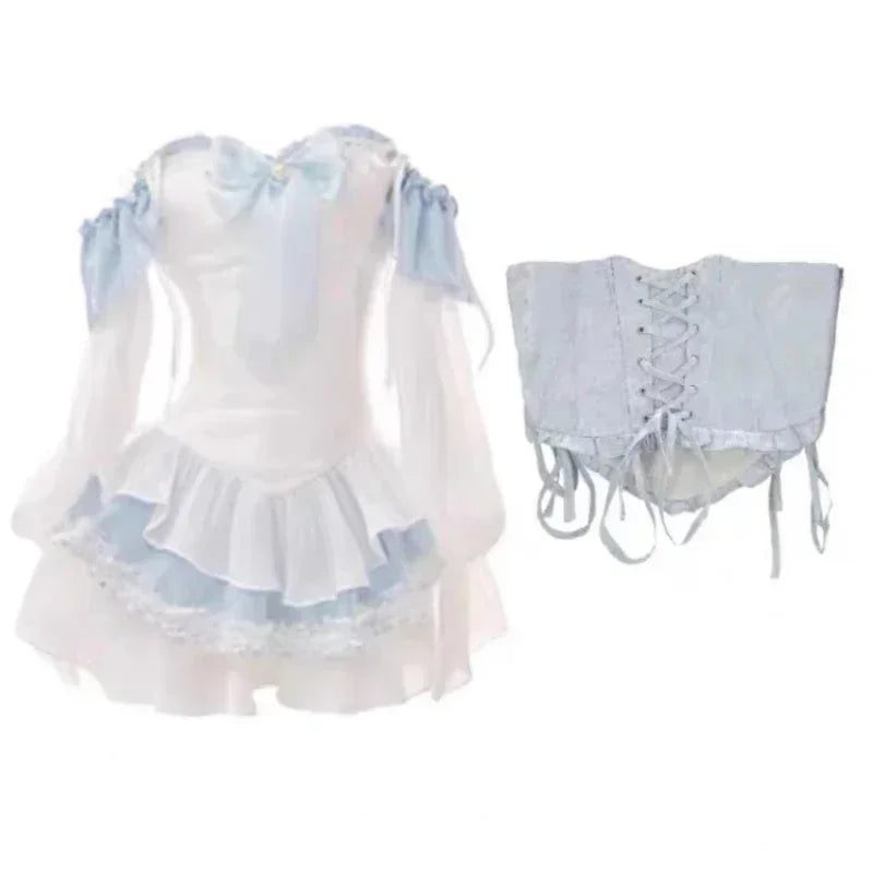 2024 Summer Blue Lolita Clothing Suit Slim Vest + Kawaii Y2k Mini Dress Elegant Short Party Dress Japanese Style Fashion Suit