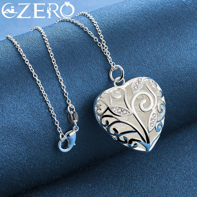 ALIZERO 925 Sterling Silver Hollow Heart AAA Zircon Pendant Necklace 16-30 Inch Chain For Women Wedding Engagement Party Jewelry