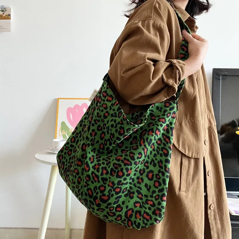 Women's Corduroy Shoulder Crossbody Bag Green Leopard Print Cloth Large Capacity Handbag Casual Travel Shopping Totes