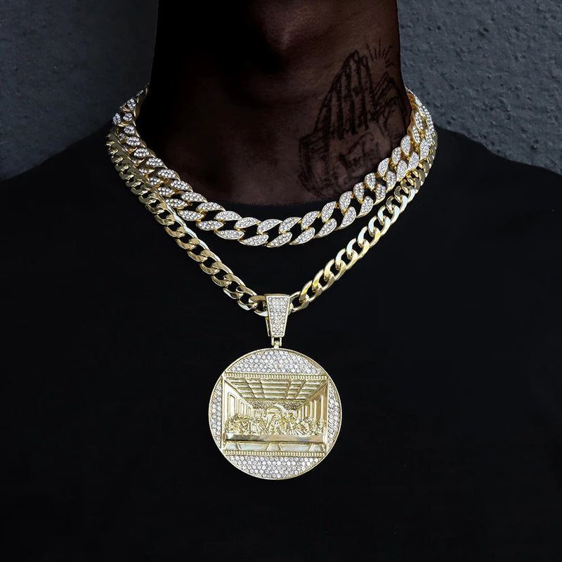 Iced Out Last Supper Shape Pendant Match 13mm Shiny Miami Cuban Link Chain Creative Stylish Hip Hop Style For Men and Women Gift