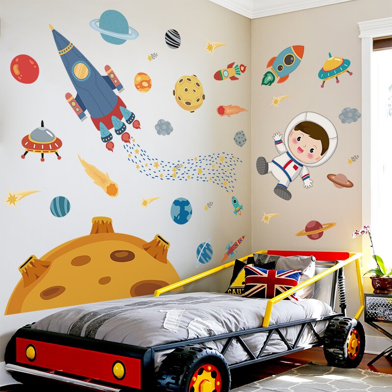 Outer Space Wall Stickers DIY Planets Rockets Astronaut Wall Decals for Kids Rooms Baby Bedroom Children Nursery Home Decoration