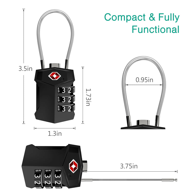 ORIA TSA Approved Luggage Padlocks 3-Digit Combination Travel Lock with Flexible Cable for Suitcase Backpack Laptop Bag Case