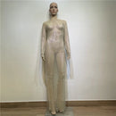 Sexy See Through Rhinestone Club Split Dress Women Crystal Glitter Evening Party Dresses Long Fishnet  Beach Slash Neck Dress