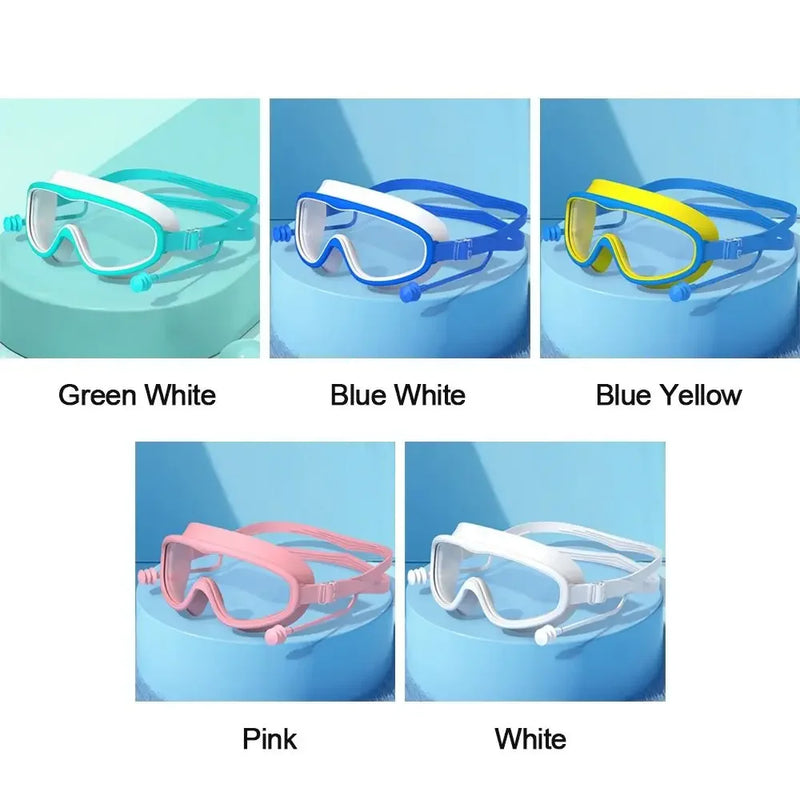 Kids Big Frame Swimming Goggles with Earplugs Children's Anti-fog Swimming Glasses Boys Girls Pool Beach Eyewear