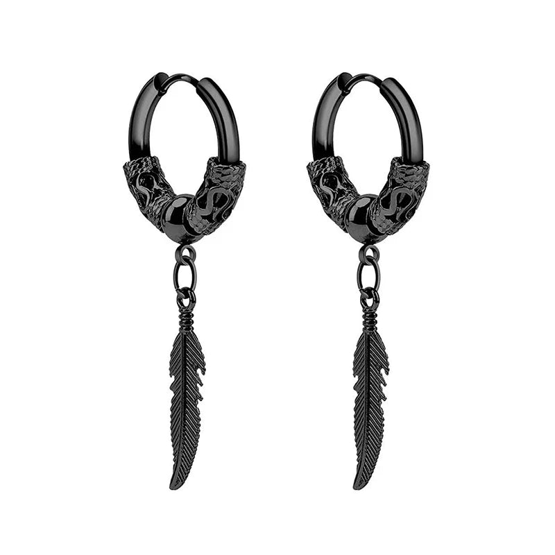 Punk Vintage Design Leaf Hoop Earrings For Women Men Jewelry Accessories Black Stainless Feather Earring Brincos