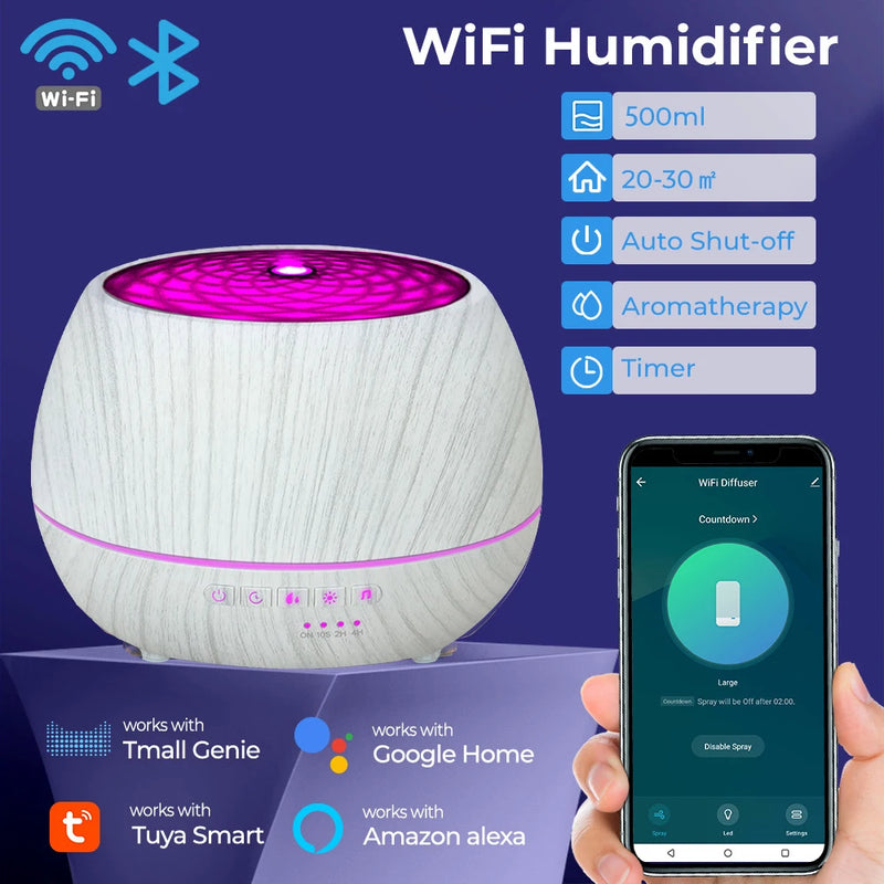 TUYA WiFi Smart 500ml Cool Mist Humidifier Air Aroma Diffuser Essential Oil Bluetooth 7 Colors Lights Timer Home Office