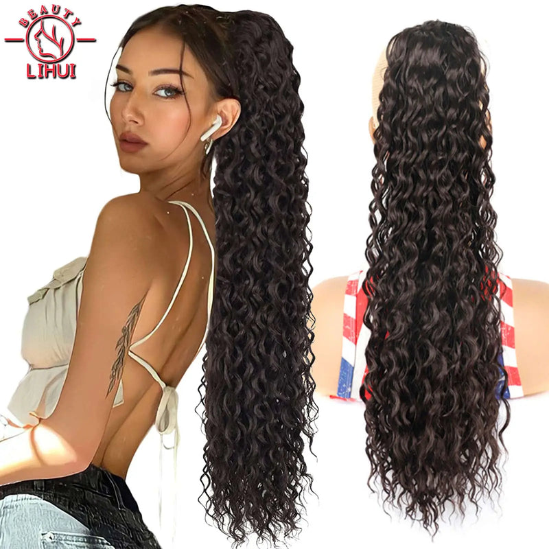 Curly Ponytail Extensions Clip in Synthetic Drawstring Ponytail Wig Long Water Wave Afro Pony Tail Women Hairpiece False 22INCH
