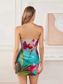 Women Sexy V-Neck Lace Bodycon Dress Elegant Sleeveless  Fit Cocktail Party Evening Mini Dress with Floral Print