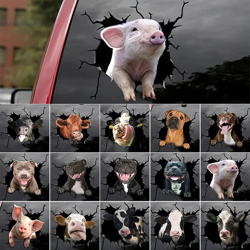 Funny 3d Auto Car Window Sticker Pig Dog Horse Cow Broken Window Electrostatic Stickers Glass Decal Bathroom Wall Art Decor