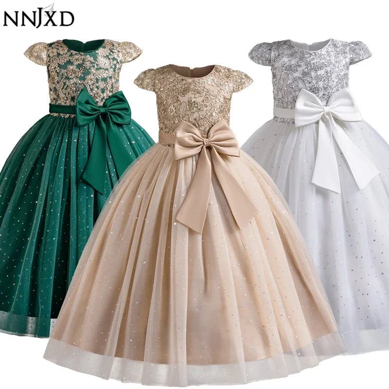 Girls Lace Birthday Party Gown Sequins Big Bow Princess Dress Graduation Ceremony Banquet Wedding Long Dress Children's Clothing