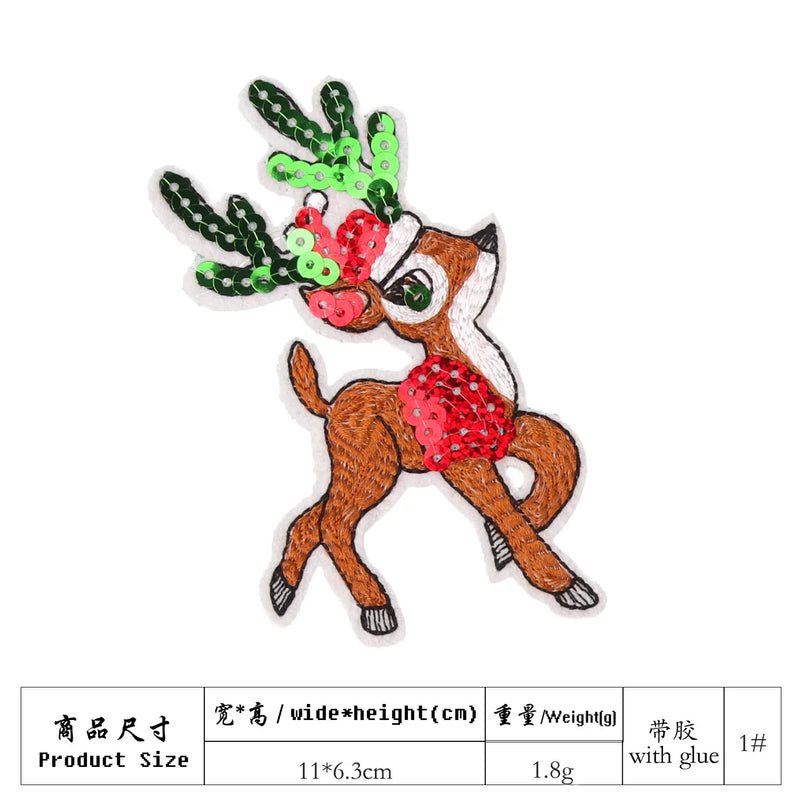 Big Sequined Christmas Appliques Bear Reindeer Santa Snow Tree Cartoon Iron on Patches Festival Decorative Stickers for Clothing