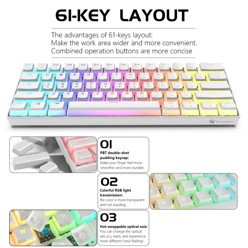 GamaKay MK61 60% Wired RGB Mechanical Keyboard Gateron Optical Switch Pudding Keycaps 61 Keys Hot Swappable Gaming Keyboard