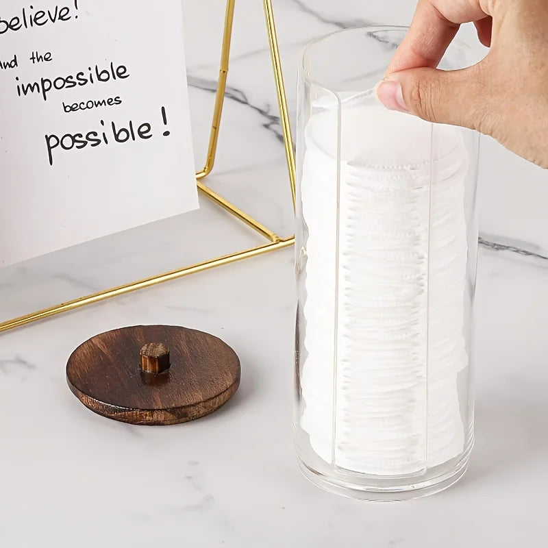 Clear Cotton Ball Pad Swabs Make Up Pads Dispenser Holder Organizer Container with Wood Lid Multifunction Bathroom Storage
