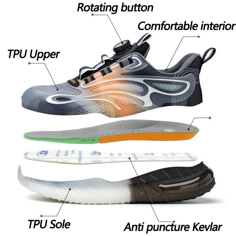 Fashion Sneakers Steel Toe Shoes Work Boots Men Puncture-Proof Safety Shoes Rotating Button Security Protective Shoes Light