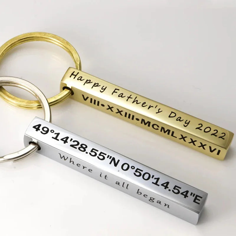 Vnox Personalize Keychains, Custom Father's Day Gift to Him, 3D Bar Key Chain, Stainless Steel Name Date Logo Engraving Keyrings