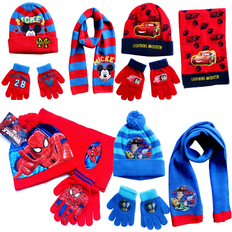 New Autumn Winter Children Hat Mickey Spider Man Colour Cartoon Woolen glove Scarf Hat 3pcs Warmth Boy Girl Child christmas hat