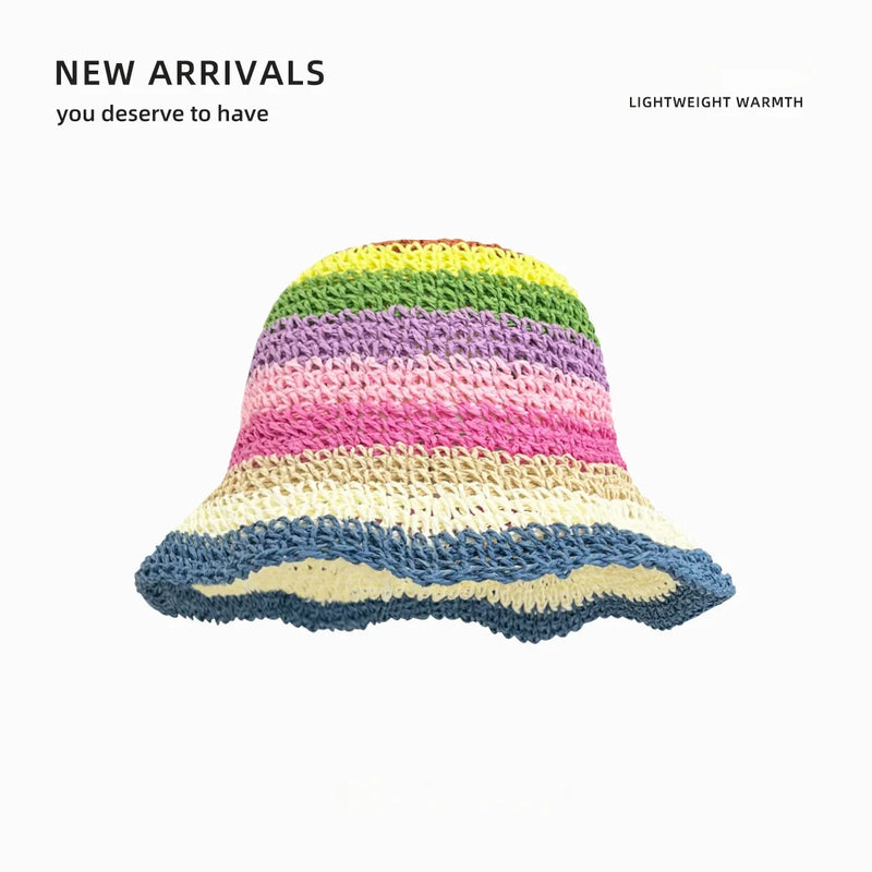 Sun Hat Women's Summer Sun Protection UV Protection 2024 New Beach Vacation Fisherman Hat Rainbow Colorful Striped Basin Hat