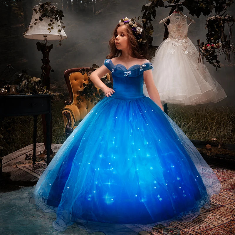 Uporpor Girls Cinderella Princess LED Light Up Dress for Christmas Birthday Party Cosplay Girl Costume Kids Fancy Blue Ball Gown