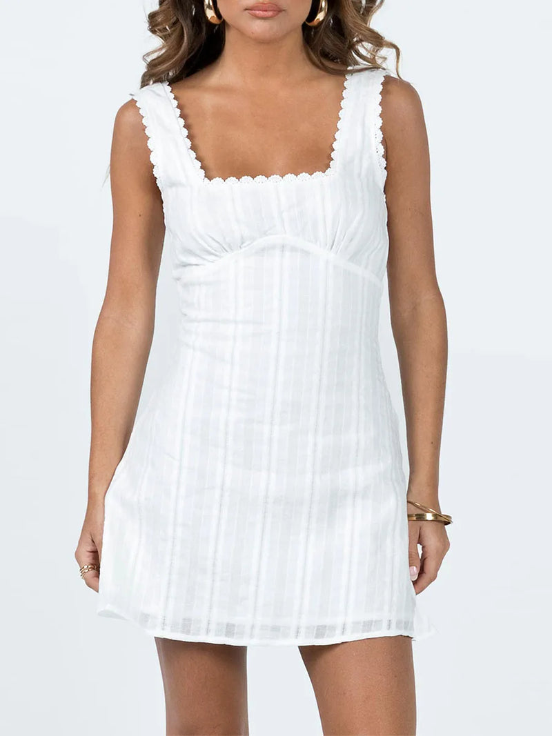 Sleeveless V-Neck Lace Trim A-Line Mini Dress Women s Summer Solid Color Tank Dress Short Square Neck Dress