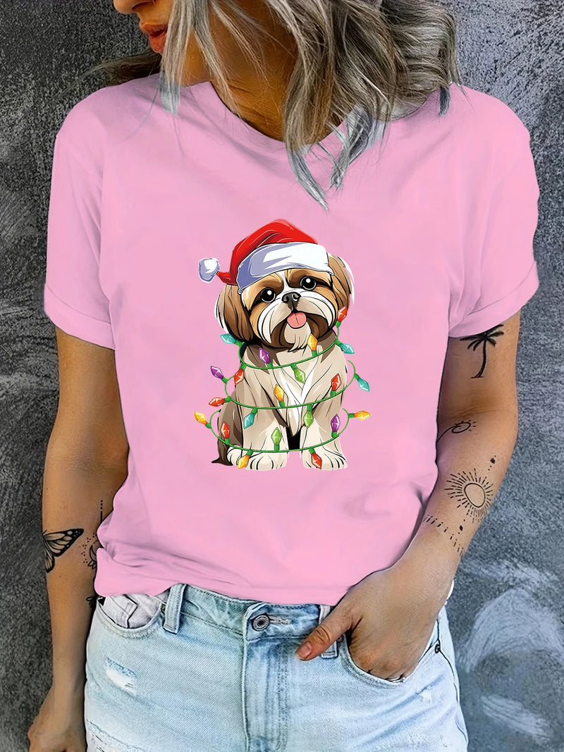 Peace Sign Hand Shih Tzu Santa Christmas Dog Pajamas Printed Short Sleeve Pattern Printed Women's Summer T-shirt