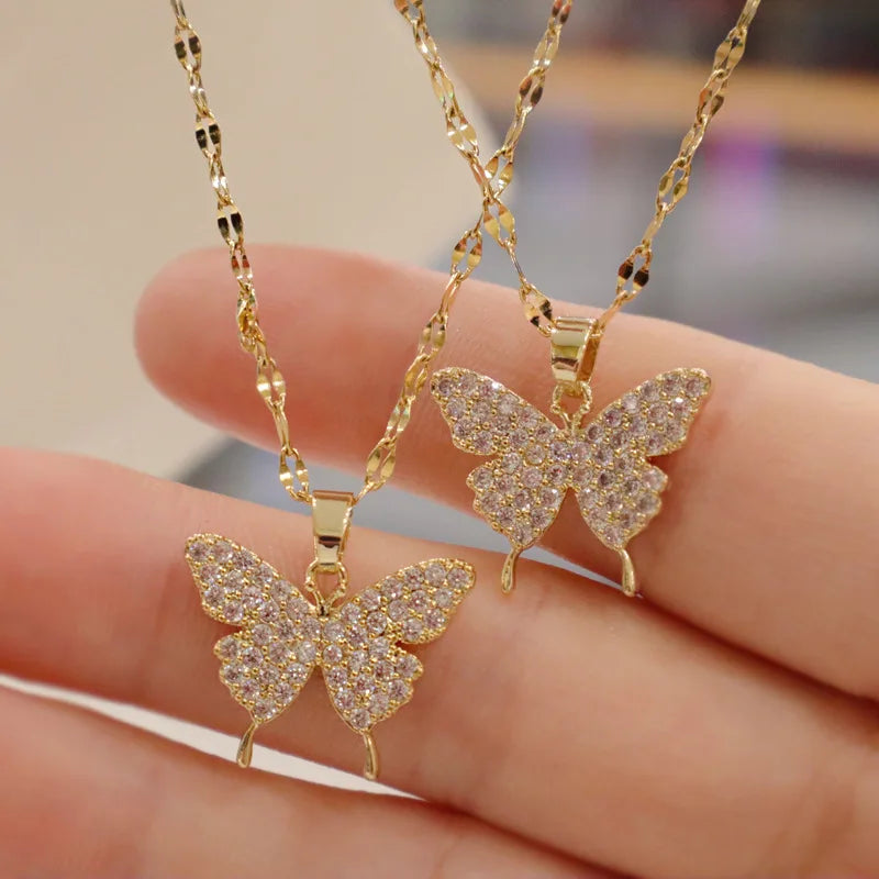 Shiny Butterfly Necklace Exquisite Golden Crystal Pendant Collar Chain Necklace Ladies Wedding Party Jewelry Gift