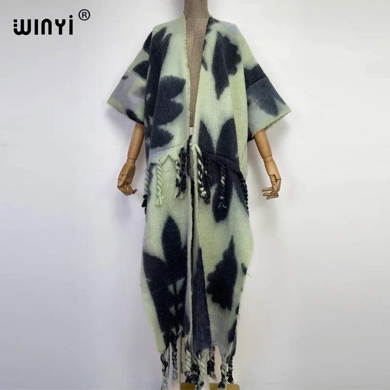 2022 WINYI Winter Women tassel Cardigan coat Loose Christmas dress robe longue Thick Warm free size Middle East Female Kaftan