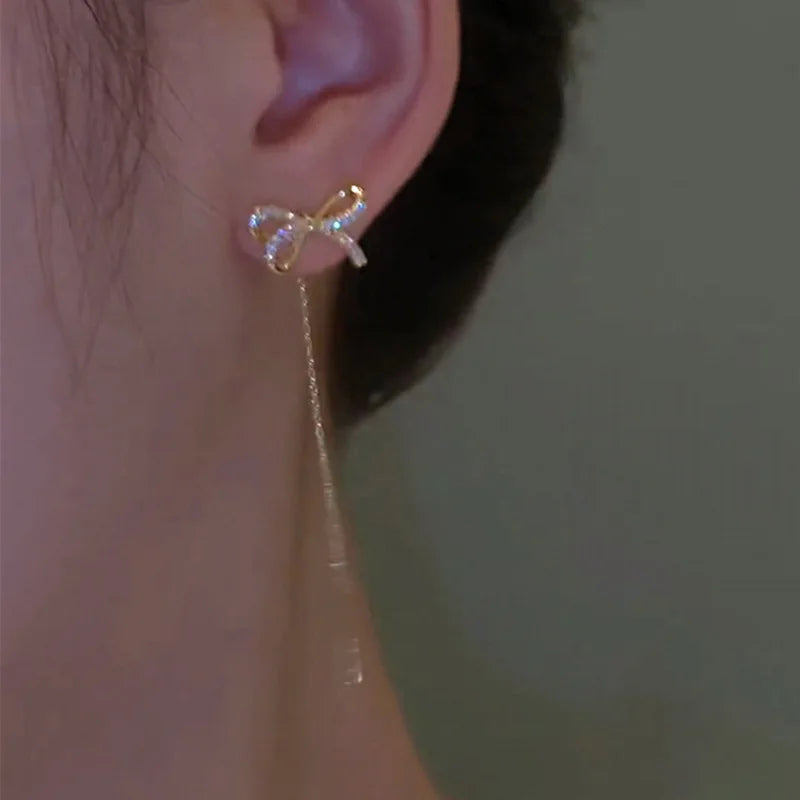 Korean Style Zircon Bowknot Long Drop Earrings For Women Elegant Fashion Sweet Temperament Earrings Jewelry Wedding Party Gift