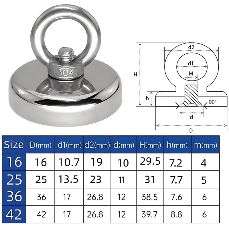 D16~D42mm Super Strong Neodymium Fishing Hook N52 Heavy Duty Rare Earth Neodymium with Countersunk Hole Eyebolt Salvage Magnetic