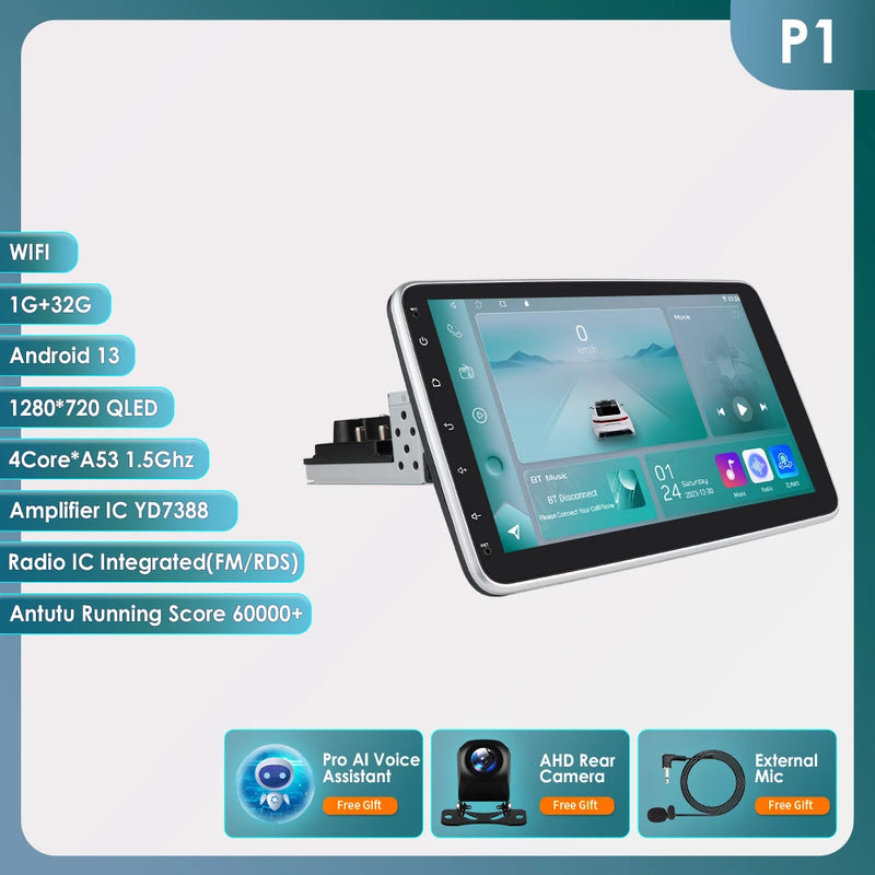 1 Din Android Car Stereo Radio 10.1 Rotate Touch Screen Removable for Universal Carplay GPS Navigation Bluetooth WIFI Autoradio