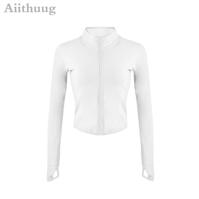 Aiithuug Women Full Zip-up Yoga Top Workout Running Jackets with Thumb Holes Stretchy Fitted Long Sleeve Crop Tops Activewear