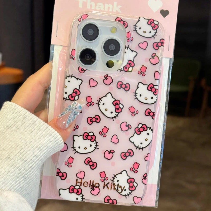 Sanrio Hello Kitty Full Screen Bow KT Phone Case For iPhone 15 14 12 13 11 Pro Max XR XS MAX 7 8 PLUS MINI Y2K Pink Flower Cover