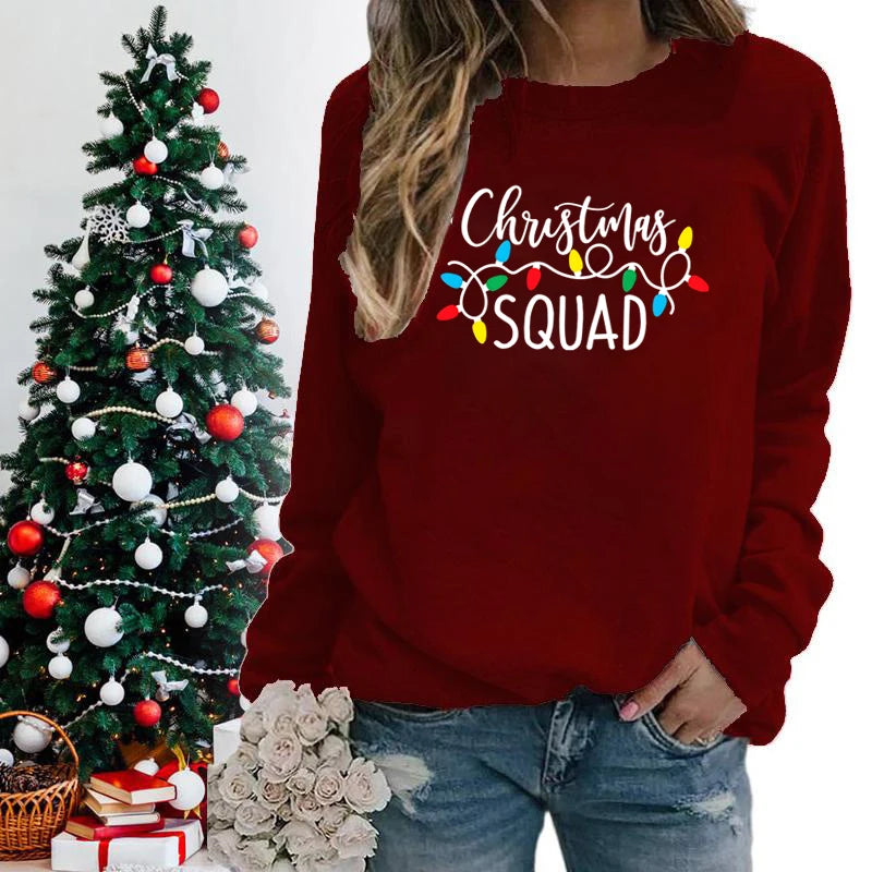 Christmas Lights Christmas Squad Print Crew Neck Sweatshirts Fashion Print Women Christmas Casual Sweatshirts Xmas Gifts