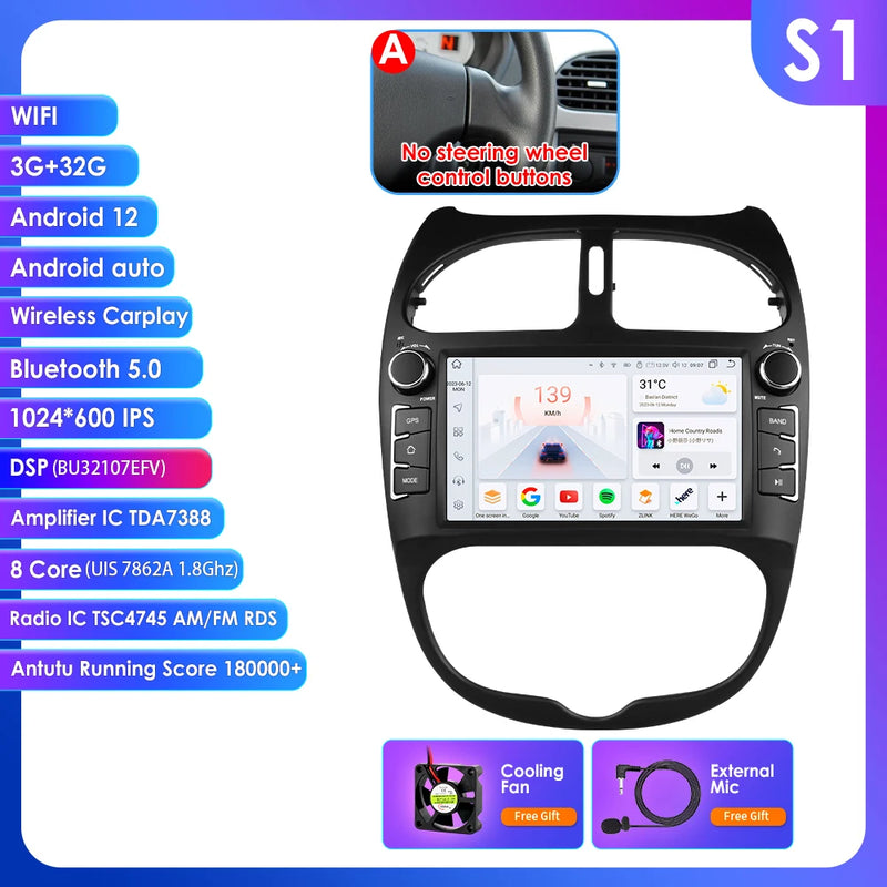 Hizpo 2Din 7inch Android Car Radio for Peugeot 206 206CC 206SW 2000 - 2008 Multimedia 4G BT Auto CarPlay GPS RDS DSP Stereo