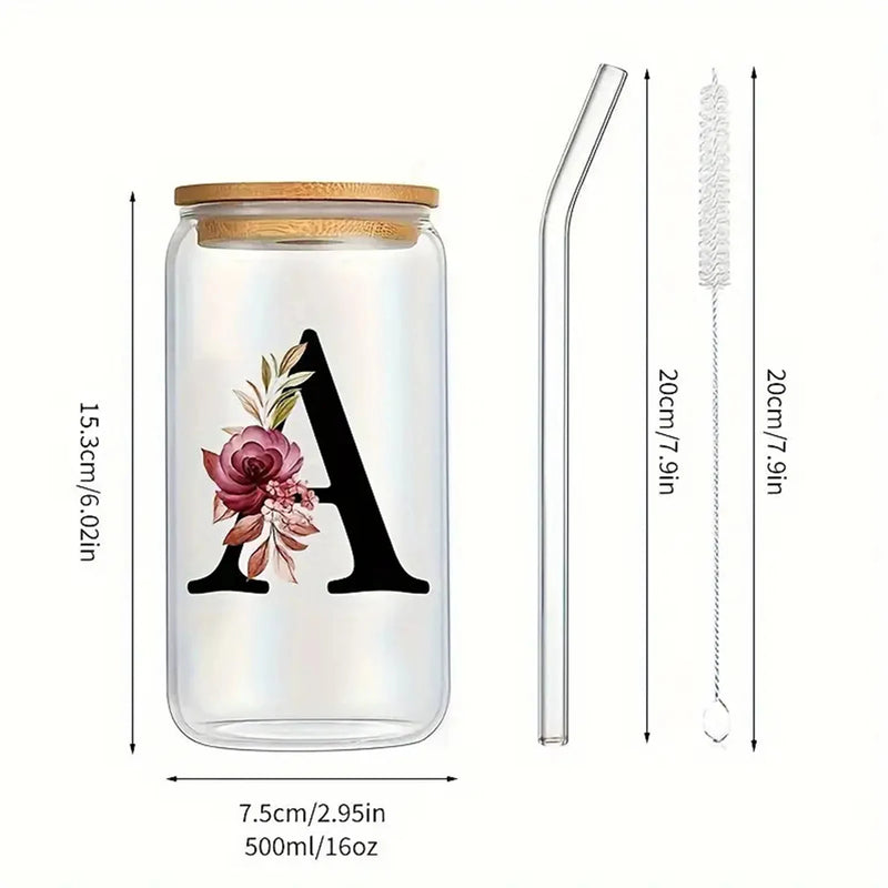 16oz 26 Letters Flower A-Z Coffee Mug Glass Jar With Bamboo Lid And Straw Birthday Gifts For Wedding Home