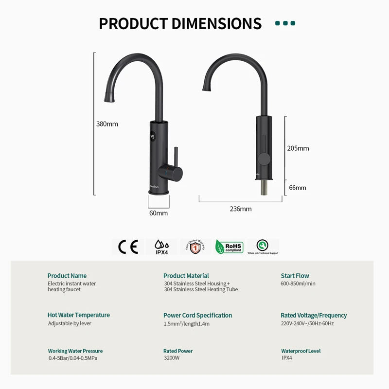 Briwellna Instant Hot Water Heating Faucet 220V Electric Faucet With Universal Adapter Nozzle Stainless Steel Heating Faucet