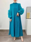 GVUW Women‘s New Pleated Dresses Round Collar Solid Color Appliques Loose Long Sleeve 2024 Spring Female Fashion Clothes 17J0207