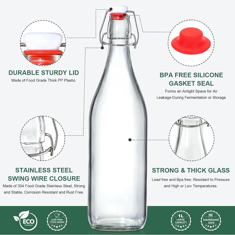 1L Swing Top Glass Bottles Airtight Stopper Lids Flip Top Brewing Bottle for Fermentation, Kombucha, Mead, Vinegar, Beer, Kefir