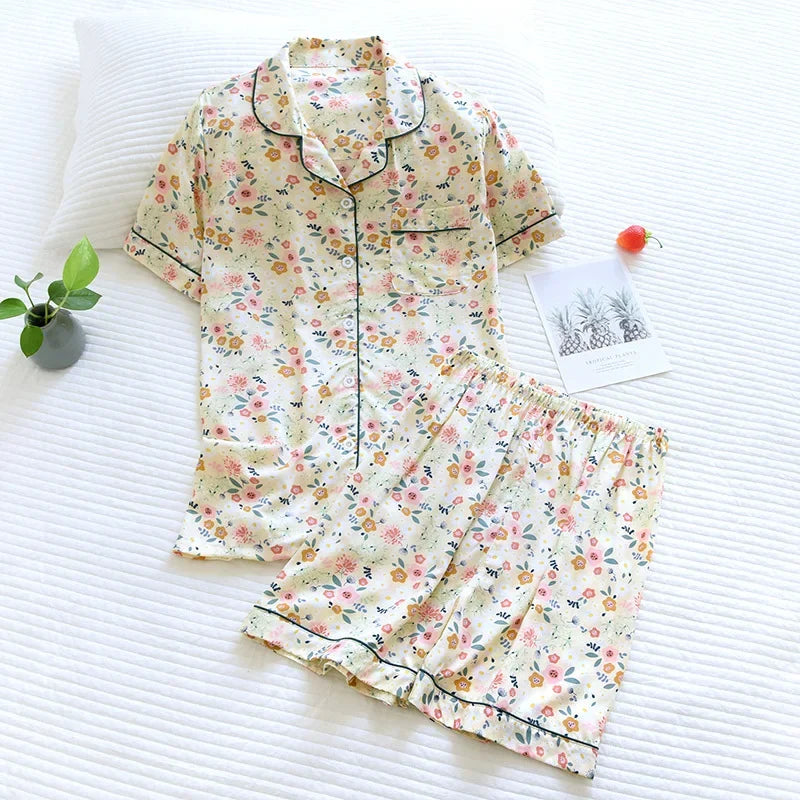 Summer new ladies pajamas suit viscose buckle comfortable man-made cotton short-sleeved shorts two-piece home service set women