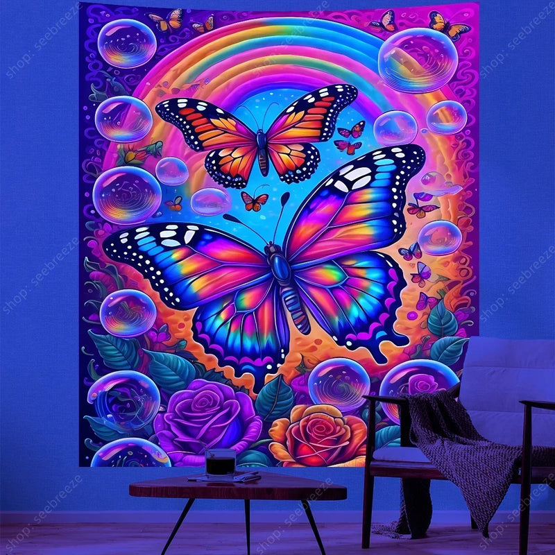 Butterfly Flower UV Reactive Tapestry Wall Hanging Hippie Boho Room Decor Aesthetic Psychedelic Home Dorm Wall Decor Party Decor