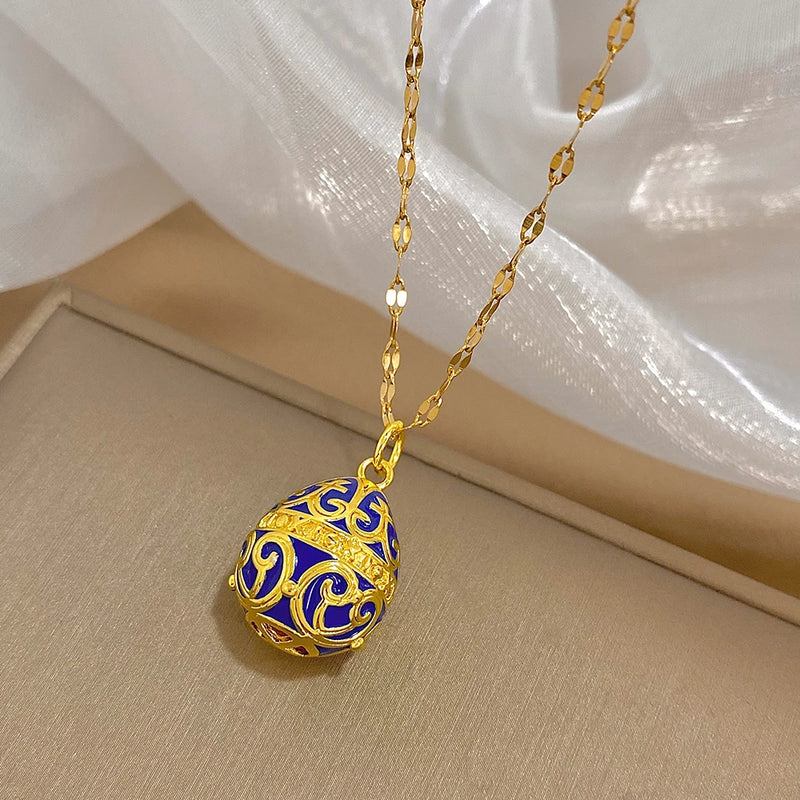 Greatera Colorful Enamel Easter Egg Pendant Necklaces for Women Guilloche Locket Egg Gold Plated Chain Necklaces Party Jewelry