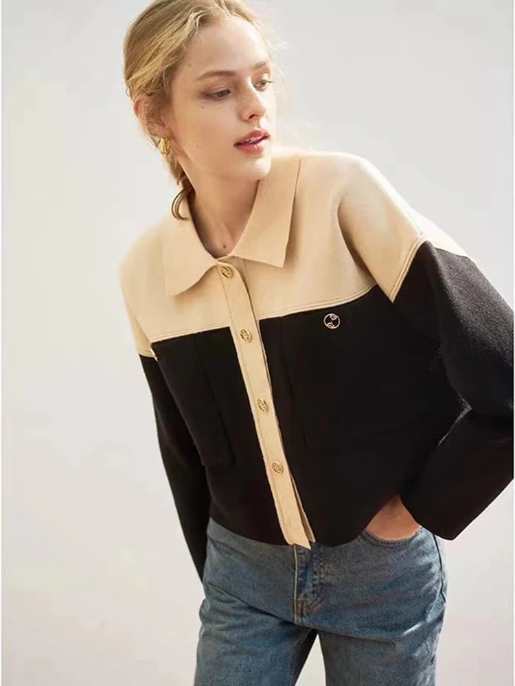 EOS 2023 New Brand S Knitted Cardigan Women Commute POLO Collar Single-breasted Splicing Fashion Short Knit Coat Sweaters