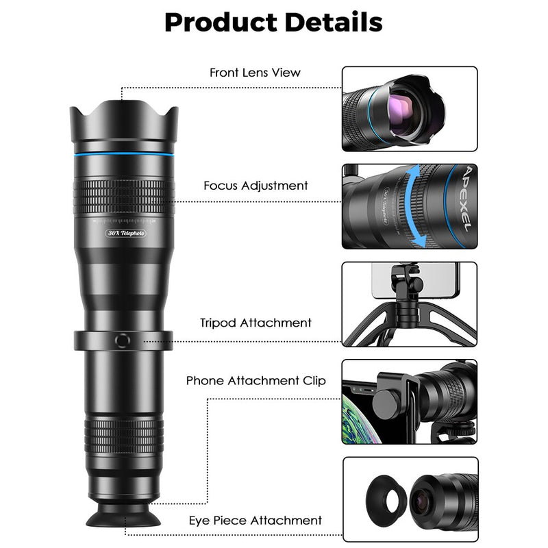 APEXEL HD 36X Phone Lens Camera Telephoto Zoom Monocular Telescope Lens + SelfieTripod With Remote Shutter For All Smartphones