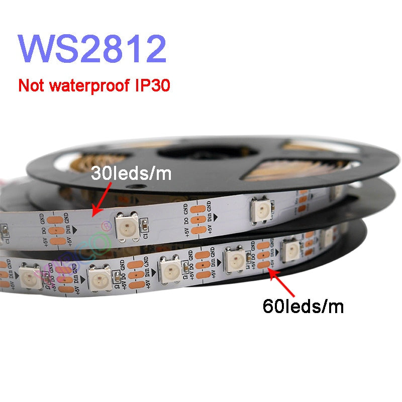 WS2812B Smart pixel led strip light;1m/2m/3m/5m WS2812 IC;30/60/144 pixels/leds/m;IP30/IP65/IP67,DC5V full color lamp tape