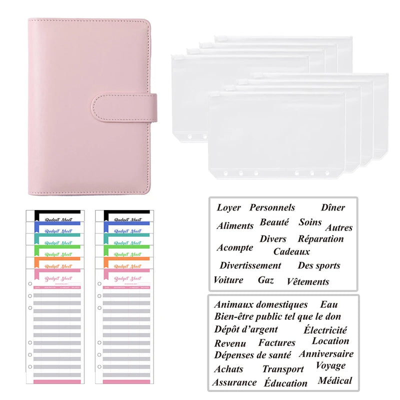 PU Budget Binder Cash Envelope Organizer A6 Notebook Planner 2Pcs French Alphabet Stickers 8pcs Zipper Pocket Dropshipping