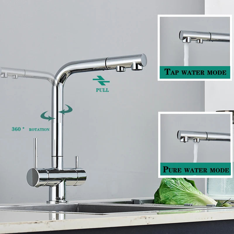 Pull-out Type Kitchen Faucet Dual Swivel Spout Drinking Water Filter Brass Purifier Vessel Sink Mixer Tap Hot and Cold Faucet