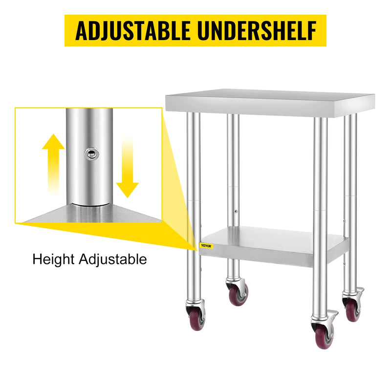 SucceBuy Stainless Steel Kitchen Worktable shelves Commercial Work Bench Table with Caster Wheels for Home Restaurant Storage